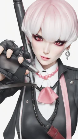 A close picture to blind vampire with white and pink short hair, slave, Tusks, malicious smile, Handcuffs, Weapon handcuffs in Stop-motion animation model with dynamic art style witg