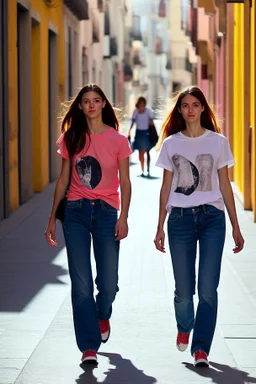 mujeres caminando por una céntrica calle de una ciudad española, visten ropa de segunda mano, camisetas y vaqueros, es la moda y es tendencia, fotografía real, de cara a la cámara