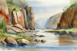 River scene by cliffs in wet watercolour