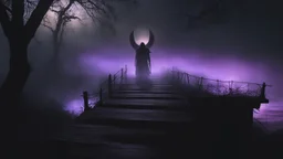 walking straight ahead over a wooden bridge, holding the angel of death with your right hand, entering the fog at the end of the road that leads to the afterlife, and a beautiful sunset and galaxy's behind the fog, realistic