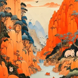 A light rosy orange colored oriental gorge with pandas painted by the Limbourg brothers