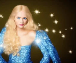 portrait of a beautiful blond woman fairy with long hair blue eyes and sparkling dress with diamonds