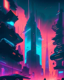 A neon-drenched, high-tech city, teeming with life and energy, as towering skyscrapers stretch towards the sky and flying vehicles weave through the air. Holographic advertisements and signs glow brightly against the dark, smog-filled atmosphere, creating a vivid and immersive scene.