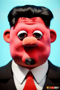 Waist up muppet Portrait, Kim Jong-un muppet doll, black suit, photo studio, red background, unreal engine 5, concept art, art station, god lights, ray tracing, RTX, lumen lighting, ultra detail, volumetric lighting, 3d.