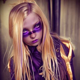 A girl with a purple gold hue around them with small bits of purple gold on their skin. They have long, dirty blonde hair and wear a tank-top with a jacket around their waist and jeans. They wear boots and have violate eyes.