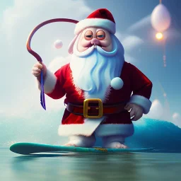 Santa standing of surfboard surfing a big wave, surfboard, beach, character design by cory loftis, fenghua zhong, ryohei hase, ismail inceoglu and ruan jia. unreal engine 5, artistic lighting, highly detailed, photorealistic, fantasy