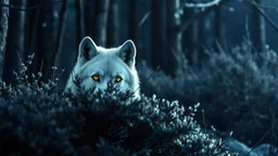 white wolf with yellow eyes made of ice peeking out of a bush in a forest at night, photorealistic