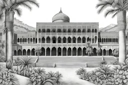 Pencil Drawing of the beautifull and imposing Alhambra palace in the historical Granada city , detailed, stunning, drawing art