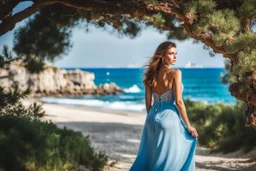 long shot, beautiful Turkish girl with nice blue eyes wearing a dress walks in shore toward camera , sharp focus all the scene, natural light, vertical composition, relaxed and natural, fresh and comfortable ,in seaside there are luxury beach hotels.