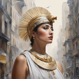 [Part of the series by Jean-Paul Mousseau] In a bustling city, a woman resembling Athena emerges, exuding wisdom and strength.