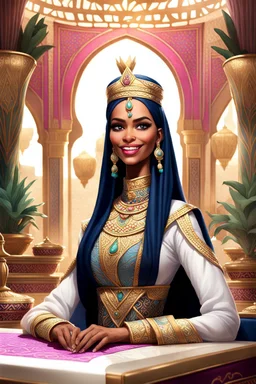Story Arabian, a Queen Batoul would sit with her team called the Tea Majlis. Her team consisted of: - Riouf, her daughter and the hero of the tribe - Professional royal writer - Live Barbie game - Comedian Jim Carrey - Former U.S. President Donald Trump In a large room with wide windows from which the light of nature, light colors, plants, modern furniture, and modern interior design enter. They were thinking of a new interior design for the palace. Meanwhile, they drank cinnamon tea and watched