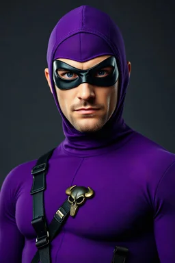 The Phantom - full-length, A Real-life portrait of a photorealistic man with piercing blue eyes, a chiseled jaw, goatee, timeless face, stern expression, Wearing a tight fitting purple cotton hero suit with a cowl that fits tight to his head, but does not cover his face, he wears a thin, black leather, bandit eye disguise over his eyes, black and blue diagonally striped trunks, dual-holstered pistol belt adorned with a triangle skull-shaped buckle with leg straps, Knee-high black leather boots
