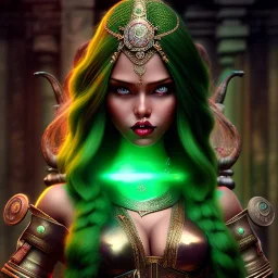 fantaisy setting, medieval fantasy, insanely detailed, woman, indian, dark skinned, green hair strand