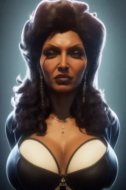 Pam Grier as evil queen in black leather, leather, busty, cleavage, angry, stern look. character design by cory loftis, fenghua zhong, ryohei hase, ismail inceoglu and ruan jia. unreal engine 5, artistic lighting, highly detailed, photorealistic, fantasy