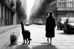 one single mature cat walking on the street, thoughtful, mourning, model style, hyper realistic, extremely accurate, delicate, extremely detailed, Graphic novel style, wide-angle, open aperture, superfine pencil