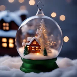 Красивая ёлочная стеклянная волшебная игрушка в форме шара, внутри которого маленький уютный домик, в окне которого горит свет, возле дома стоят ели, снеговик, внутри шара идёт сильный сверкающий снег. Игрушка висит на ёлке. уютная атмосфера, огни, свечи