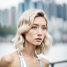 beautiful anorexic asian female, total shot, shiny silver triathlon swimsuit, short blond wavy bob hair, blurred city background