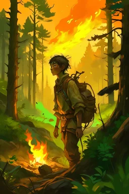 The young adventurer emerging from the forest at dawn, carrying the remnants of the fire and radiating a newfound sense of courage