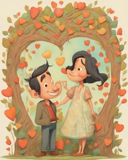 Love grows in me like a tree, portrayed in a Pixar 3D art form. Inspired by the whimsical style of Hayao Miyazaki, envision a lush, enchanted forest where heart-shaped leaves bloom on intertwining branches. The color palette is vibrant, with warm hues dominating the scene. Characters wear expressions of joy and serenity, illuminated by soft, dappled sunlight filtering through the foliage. The atmosphere exudes a magical and harmonious love