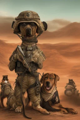 A soldier dog dressed in military combat uniform fighting another soldier dog in the hot desert landscape, digital illustration portrait, dog's face is snarling, aggressive, angry, Craig Miller , futuristic, pulp fiction graphic novel style, hyperrealism, photorealism