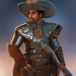 portrait,"Insanely detailed photograph of an armored mariachi warrior", intricate chainmail charo,colorful Sombrero,elegant cape, highly detailed D20, digital painting, artstation, concept art, smooth, sharp focus, illustration, art by artgerm and greg rutkowski and alphonse mucha, 8 k