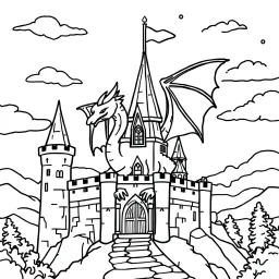 bold and easy fantasy dragon on the castle coloring page. Each has very thick black outlines, making the details simple and fun to color.