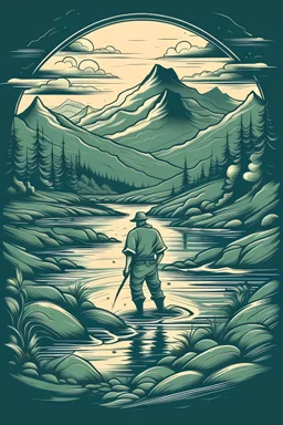 a tshirt design with a fisherman and a river and mountains