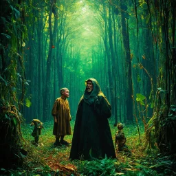 some mysterious figures, odd background, cinematic, Hieronymus Bosch, Max Ernst, vegetal life, rotten, ambient light, cry, ritual