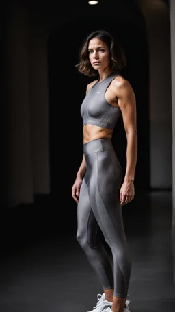 photography of a beautiful anorexic woman, grey satin triathlon top, brunette wavy bob haircut, flat chest, grey satin cycling leggins