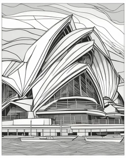 a coloring page, depicting the Sydney opera house, black and white, line art, outline, highly defined lines, hand drawn, grayscale