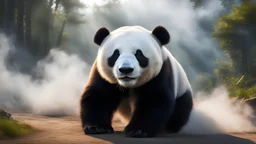 masterpiece,best quality,(photorealistic:1.4) 1panda, wabstyle,glowing,two-tone hair,(fog,:1.2) (mist:1.2),smoke, cowboy shot, cinematic angle,fisheye,motion blur,