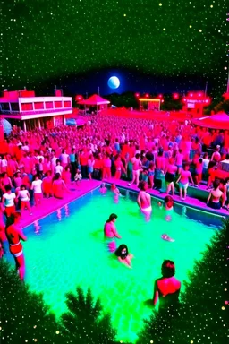 techno rave party in 80's with swimming pool on the moon full