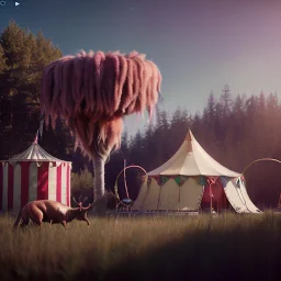 Ultra realistic circus scene. Sweet hair monster jumping. night, smooth color, waist up view, Wes Anderson style, dark ambient, highly detailed, concept art, unreal engine 5, god rays, ray tracing, RTX, lumen lighting, ultra detail, volumetric lighting, 3d, finely drawn, high definition, high resolution.