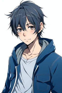 dark blue haired firm anime boy in a jean jacket