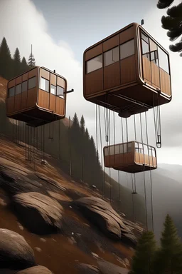 Capsules rooms suspended in the air and attached to the brown mountain by solid bars.