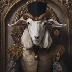 a close up of a goat wearing a costume, dolce & gabbana campaign, inspired by Pieter Codde, trending on artstration, damask, portrait of an absurdly graceful, inspired by Louis-Michel van Loo, featured on cgsociety, from the tusk movie, style of ian hubert, shot with Sony Alpha a9 Il and Sony FE 200-600mm f/5.6-6.3 G OSS lens, natural ligh, hyper realistic photograph, ultra detailed -ar 1:1 —q 2 -s 750)