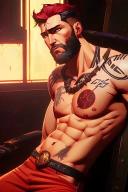 Ignore NSFW, teenager young rugged attractive slightly muscular fantastic handsome man, red briefs with yellow belt, hairy chest, (((visibly pisssing))) briefs, large erect visible boner peniss, photorealistic, artist Jay Anacleto, soft lighting, scruffy beard