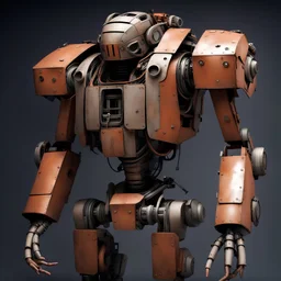 trash mech suit, human-sized, made of scrap metal, cockpit in chest cavity, light rust, round, loose wires, escape hatch