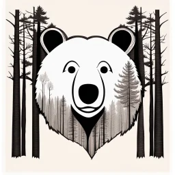 M shaped bear head combined with woods silhouette in backround, letterpress style, minimalistic pencil art