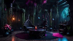 full-body shot of an insatiably evil black opal iridescent pearlescent dark witchy bamboo island hookah room with furniture made of branches, dark stone chairs hanging from ceiling, flowers hanging from marble bamboo columns, colorful macabre, Dariusz Zawadzki art style, liminal spaces, horror art, dark gaming background, wet, glossy, horror art, trypophobia, eerie, intricate details, HDR, beautifully shot, hyperrealistic, sharp focus, back lit, 64 megapixels, perfect composition, high contrast