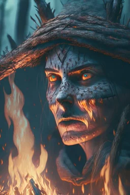 close up on witch by a bonfire, prehistoric forest, trending art, 8k, depth of field, hi detail