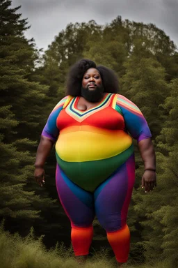 Massively obese black woman with a beard wearing a skin-tight rainbow leotard. Photograph.