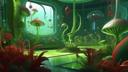 futuristic interior space with carnivorous plants and flowers, 21st Century, painted by Squidward Tentacles, Interior design --ar 16:9 --weird 1000 --chaos 25 --iw 1 --q 2