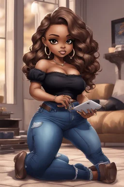 Create a magna art of a black chibi curvy female sitting on the floor looking at her cell phone. She is wearing tight blue jeans and a black off the shoulder blouse. Prominent make up with lush lashes. Highly detailed wavy ombre blonde and brown long hair. She is also wearing silver large hoop earrings