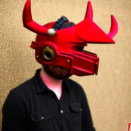 man, red rhino helmet, one man band, steampunk, midjourney style, neon