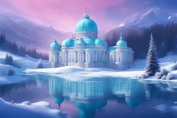 in a snowy, magical and luminous landscape in the foreground a lot of very small and delicate pink and white flowers, a magnificent palace with roofs made with cristal and transparent dome and clear turquoise walls, bright,fir trees,, in the foreground icy lake of turquoise water,in front of the lake , magical and sweet atmosphere, in the background snowy mountains, dark blue sky with stars, light particles and a small planet, stars in the sky, little particles of light everywhere