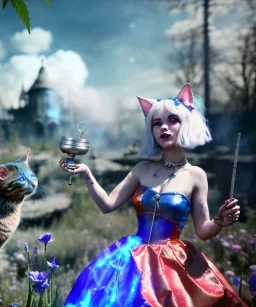 Ultra realistic wonderland photo, happy blonde woman smoking a shisha, blue dress, purple cat friend, circus dress style, old school tattoo, smoke, marijuana garden, glow eyes, perfect iris, soft color, highly detailed, unreal engine 5, cinematic, ultra detail, volumetric lighting, high definition.