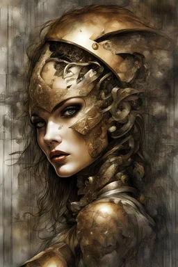 Psycodelic 8k subrealist artwork in the Luis Royo style, featuring a unreal dimension grafitti style with intricate derails stunning female superstar cubism jewles if gold , diamonds and blood half-human and half-android.
