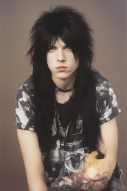 full color image, 1980's yearbook photo, teenager, Mick Mars, 14 years old, Motley Crue, photorealistic, --ar 9:16 --style raw