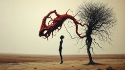 A surrealist painting in the style of Zdzisław Beksiński, featuring a biomechanical sculpture in a desolate landscape. The sculpture is a twisted, organic form of deep red, with multiple eye-like openings and tendrils. Beside it stands a female figure, her body rendered as a translucent silhouette filled with intricate, dark patterns resembling roots or veins. Her hair is an explosion of chaotic black and red threads, merging with the sculpture's form. The background depicts a muted, hazy horizo